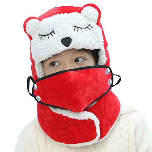 Kid Ski Cap Cute Cartoon Trapper Hat Winter Warm Fleece Snow Ushanka Hat with Earflap Scarf 